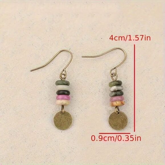 Boho Beaded Gemstone Dangle Earrings Handcrafted Bronze Drop Round Disc Jewelry - Picture 3 of 5